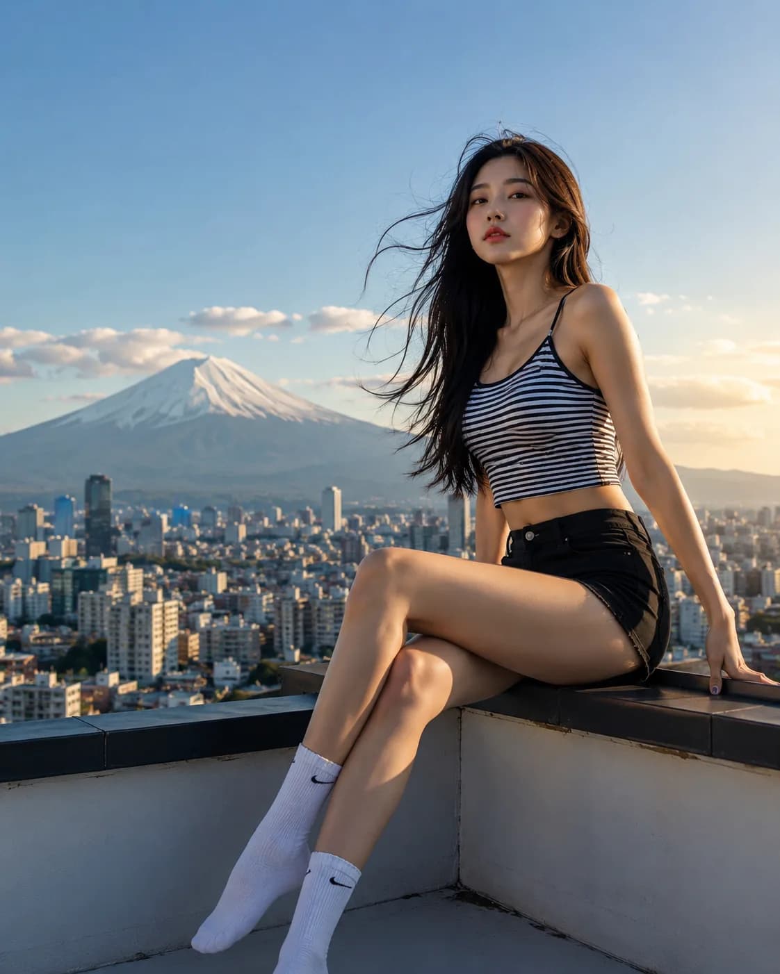 街と山の中の女性